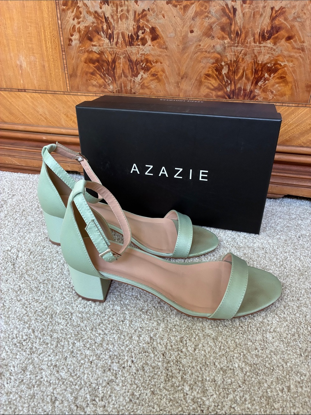 Azazie Dusty Sage Block Heel Matte Satin Sandals with Ankle Strap